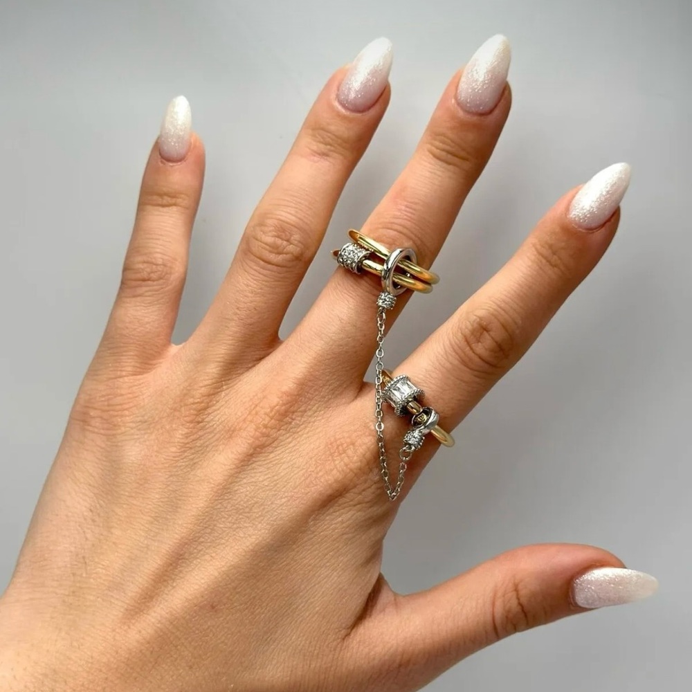 Gold & Silver Trio Adjustable Ring | Modern Chain Design - Picture 3 of 9